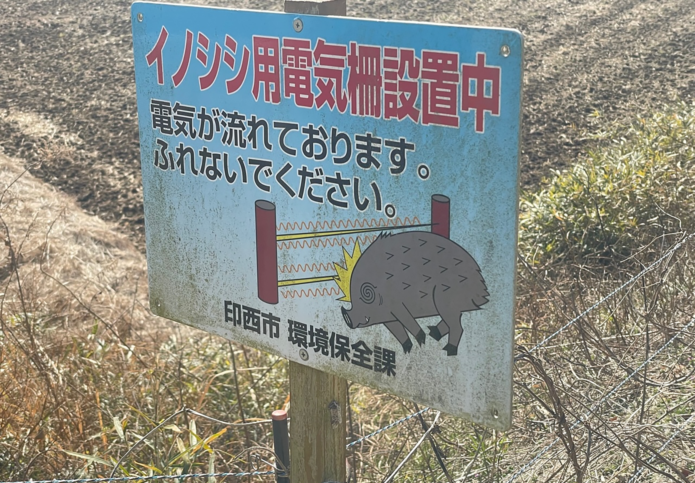 電気柵の看板の写真